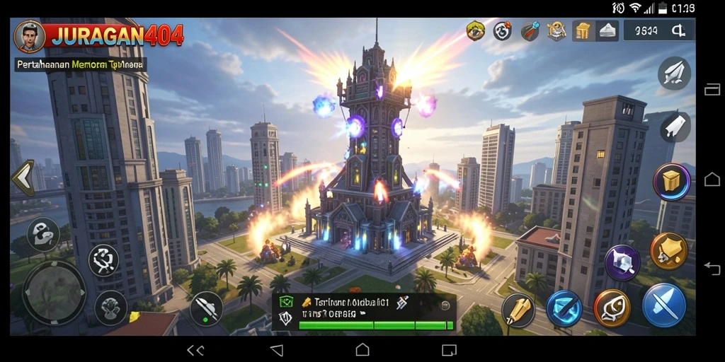 Tangkapan layar menampilkan gameplay seru JURAGAN404 dengan strategi Tower Defense.