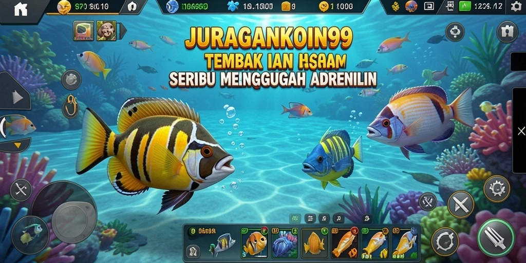 Gameplay seru dari JURAGANKOIN99 saat menembak ikan di lautan.