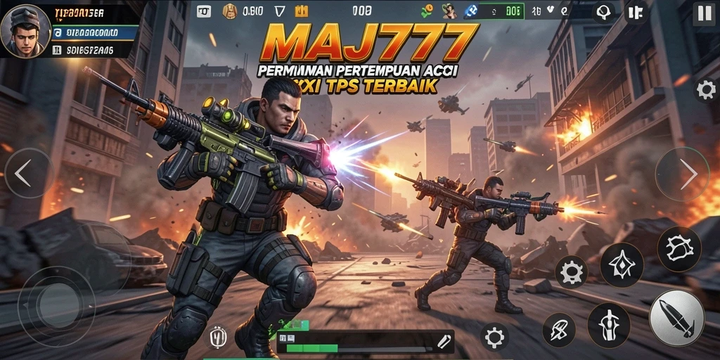 Tangkapan layar utama MAJ777 menampilkan aksi pertempuran TPS yang mendebarkan.