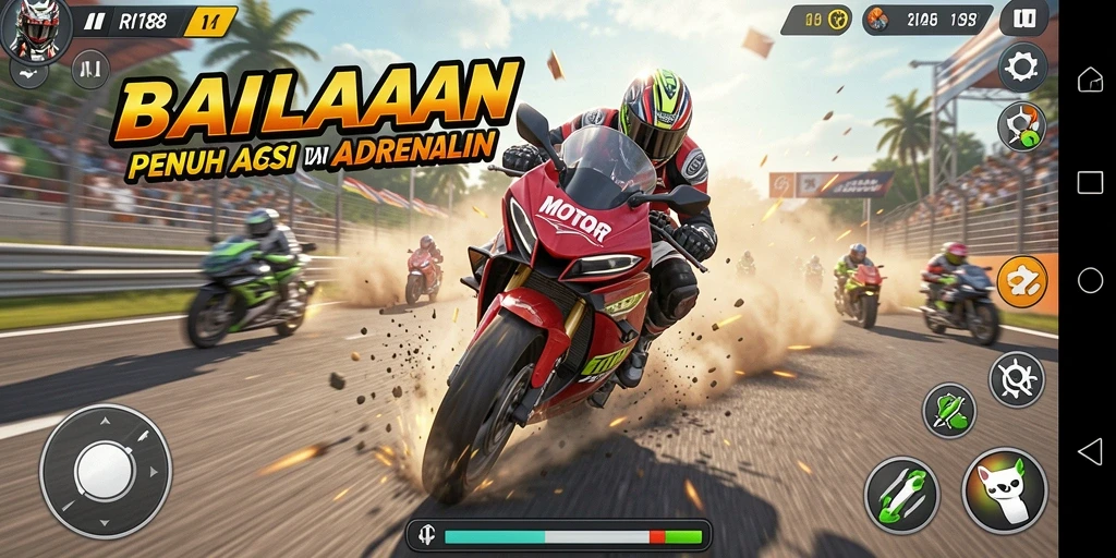 Screenshot menunjukkan balapan motor yang mendebarkan dan menantang.
