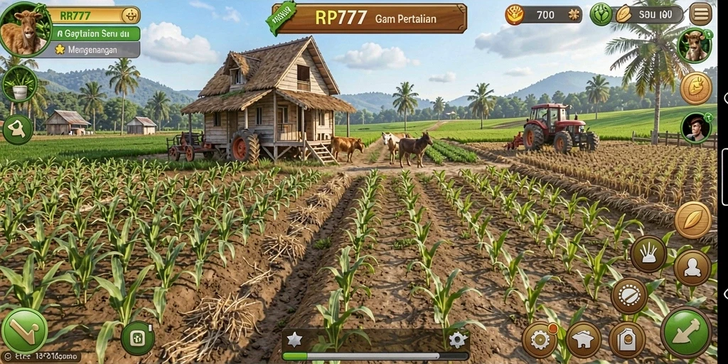 Screenshot gameplay <strong>RR777</strong> menunjukkan ladang pertanian yang indah dengan tanaman subur.