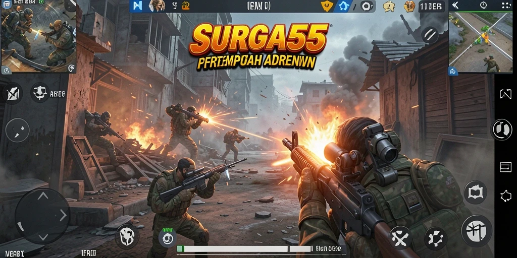 Tangkapan layar SURGA55 menampilkan aksi intens dalam pertempuran FPS.